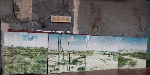 Four photographs of a desert landscape are leaning on an old, broken wall.
