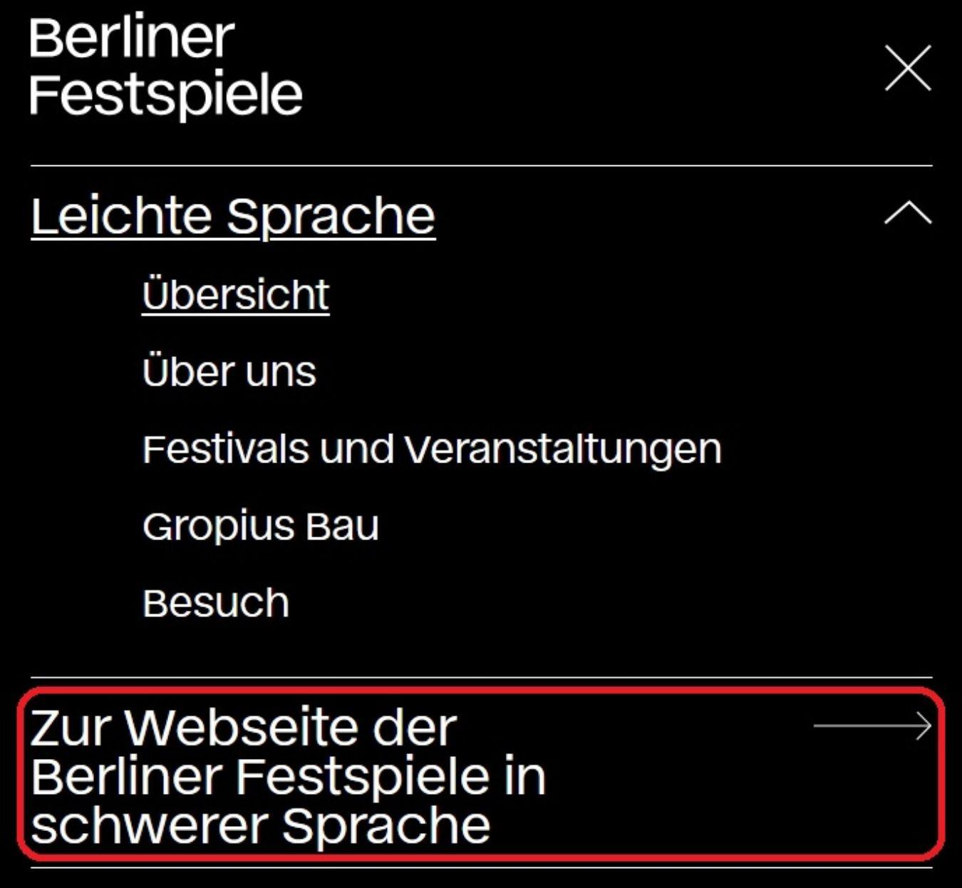 Ansicht der Navigationspunkte im Burger Menü