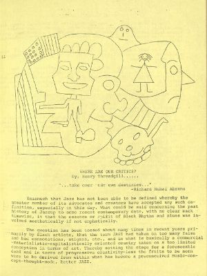 Excerpt from an essay by Henry Threadgill. Next to the text is a sketch with various faces and abstract persons.