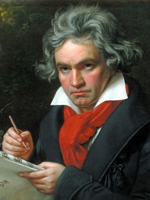 Oil painting of Beethoven in his older years, holding a pencil and a score in his hands.