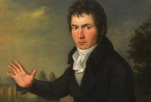 Detail of an oil painting of Beethoven as a younger man.