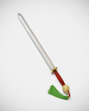  A wooden sword with a red handle and a green cord. 
