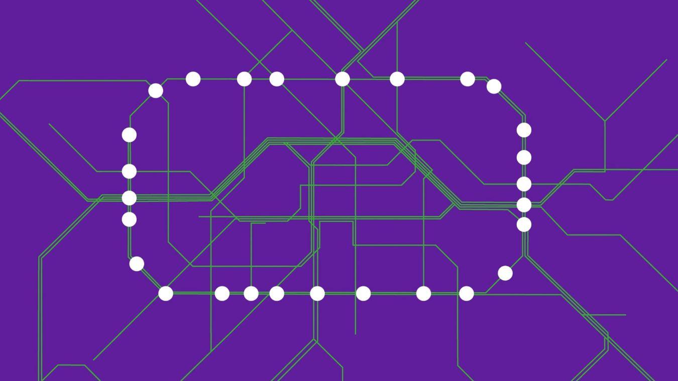 Graphic diagram of the Berlin Ringbahn, featuring circles connected by lines on a purple background.