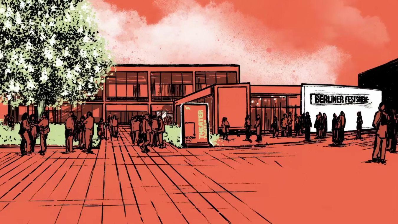 In an illustration in orange and green, visitors are shown in front of the Haus der Berliner Festspiele.