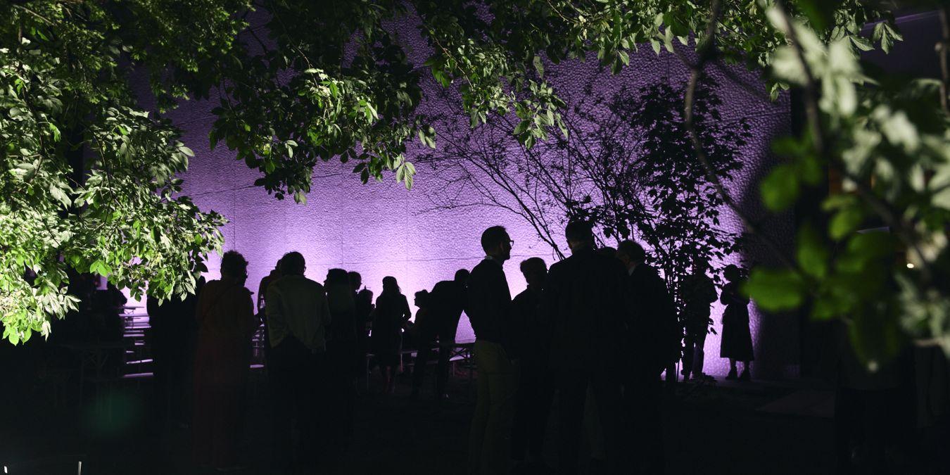 Silhouettes of people stand beneath trees in the evening, facing a wall illuminated in purple.