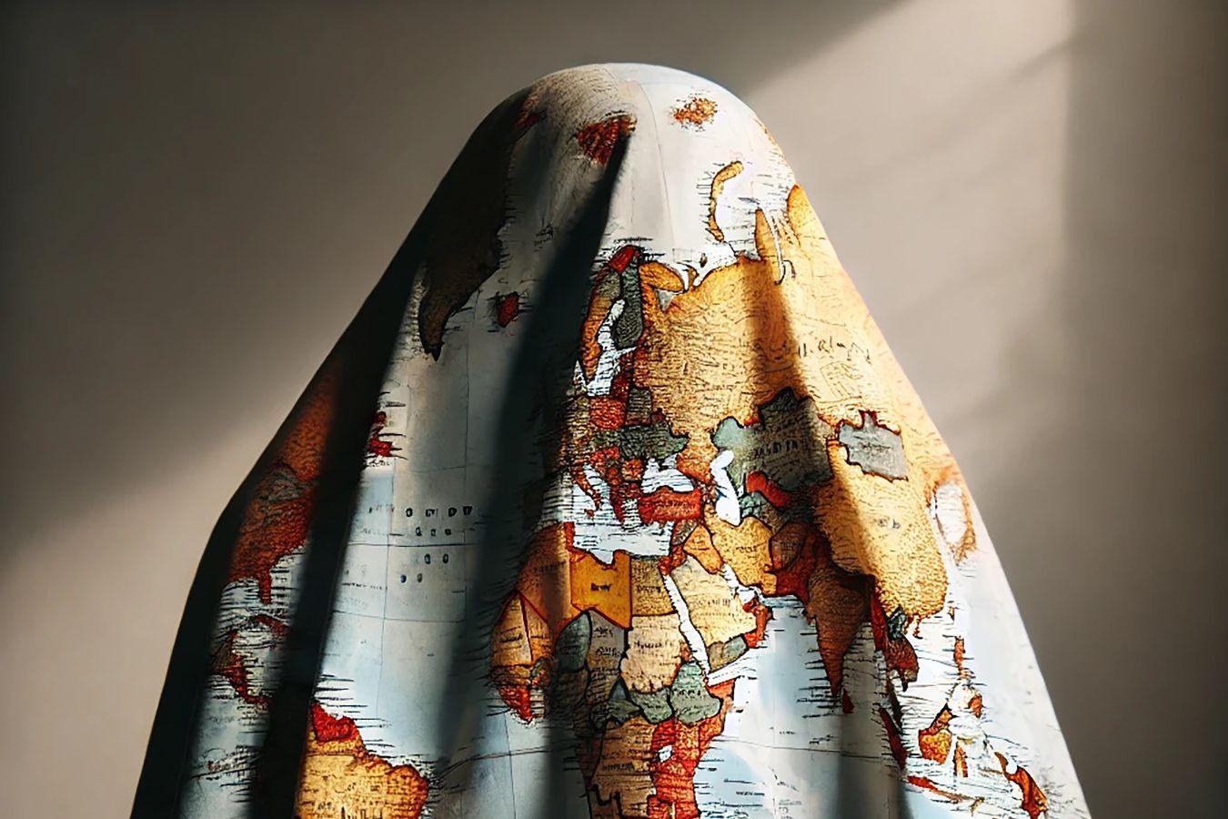 A person with a cloak over their head and body on which the world map is depicted.