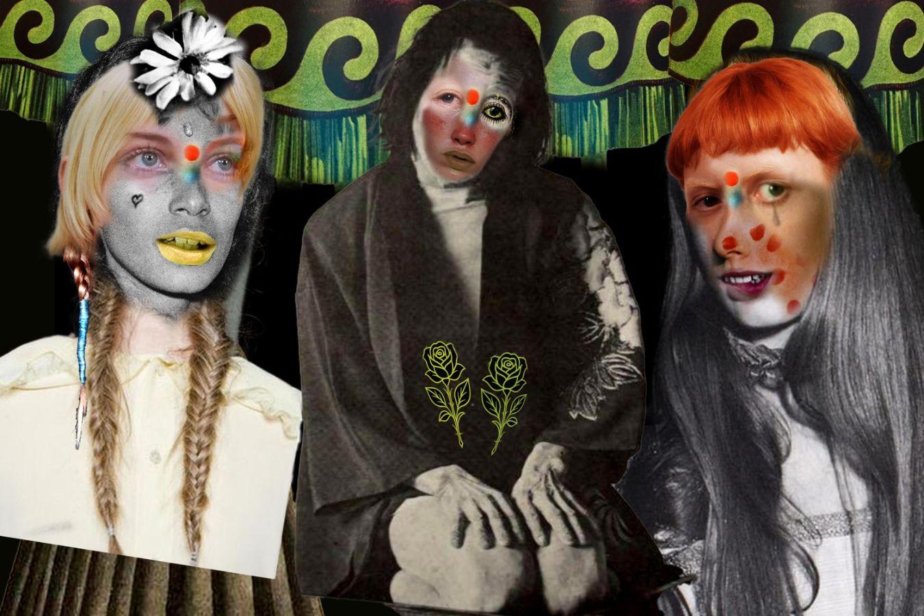 Collage von drei weiblich gelesenen Personen, deren Gesichter zum Teil mit bunten Punkten bemalt und Blumenmotiven collagiert sind.