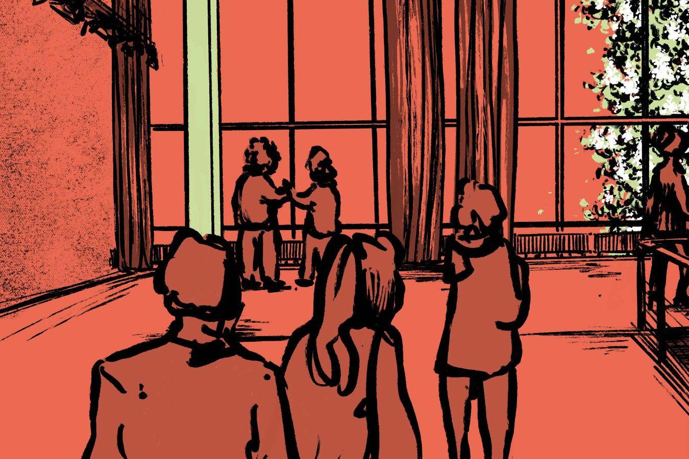 In an illustration in orange and green, visitors are spending time in the upper foyer of the Haus der Berliner Festspiele