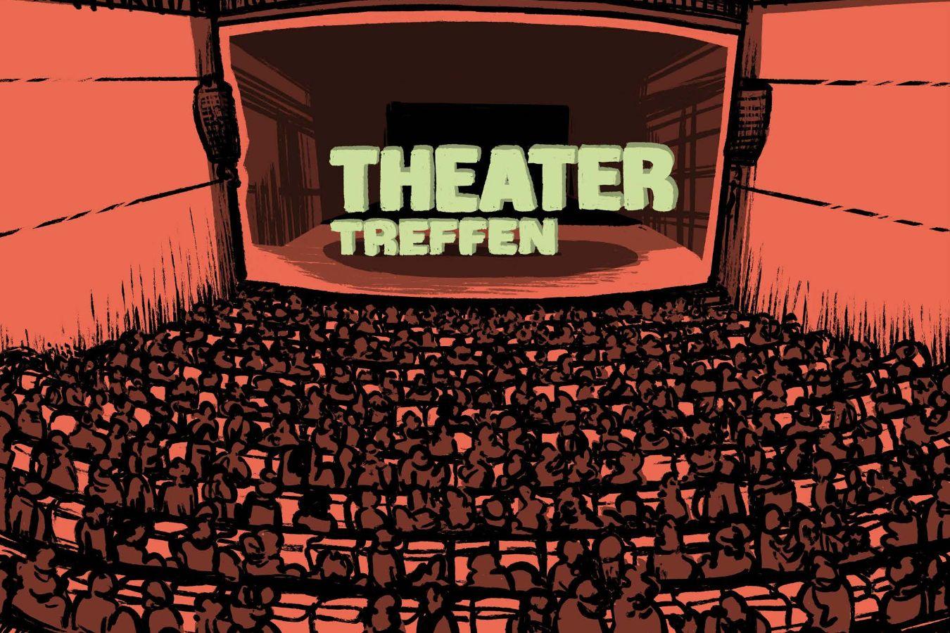 In einer Zeichnung in den Farben orange und grün sitzen Besucher*innen im Großen Saal des Haus der Berliner Festspiele und schauen auf die Bühne mit dem Schriftzug „Theatertreffen“