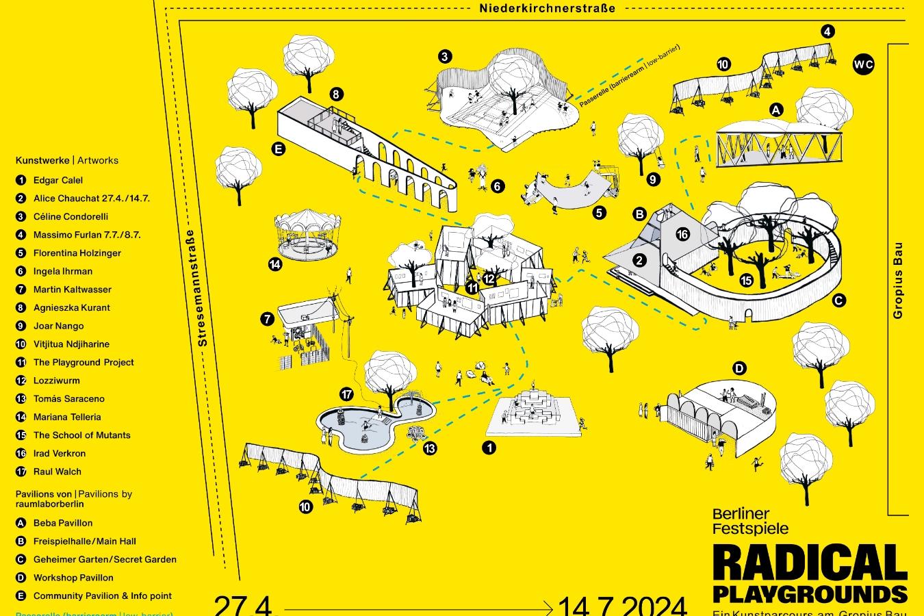 A drawn plan of a site with buildings on a yellow background.