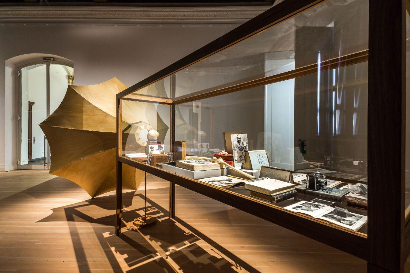 The photo shows the exhibition room, in which a glass case filled with multiple objects is placed, from which a big grammophone-horn extends.