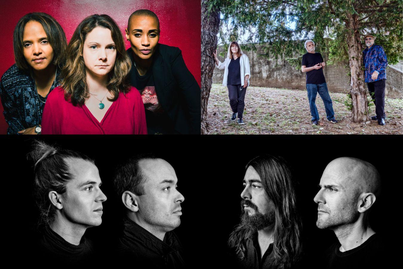 Porträt-Collage von Kris Davis und zwei Bandmitgliedern, Goran Kajfeš Tropiques und Trio Tapestry