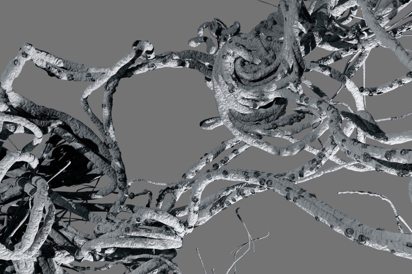 Sich umeinander windende Schnüre, deren Oberfläche reliefartig gekerbt erscheint.