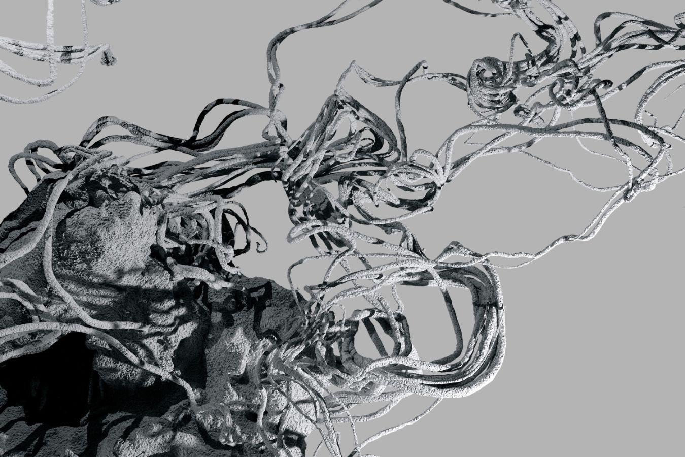 Über die Bildfläche bewegen sich Fadenknäuel, die aus klumpenartigen Gebilden hervorgehen.