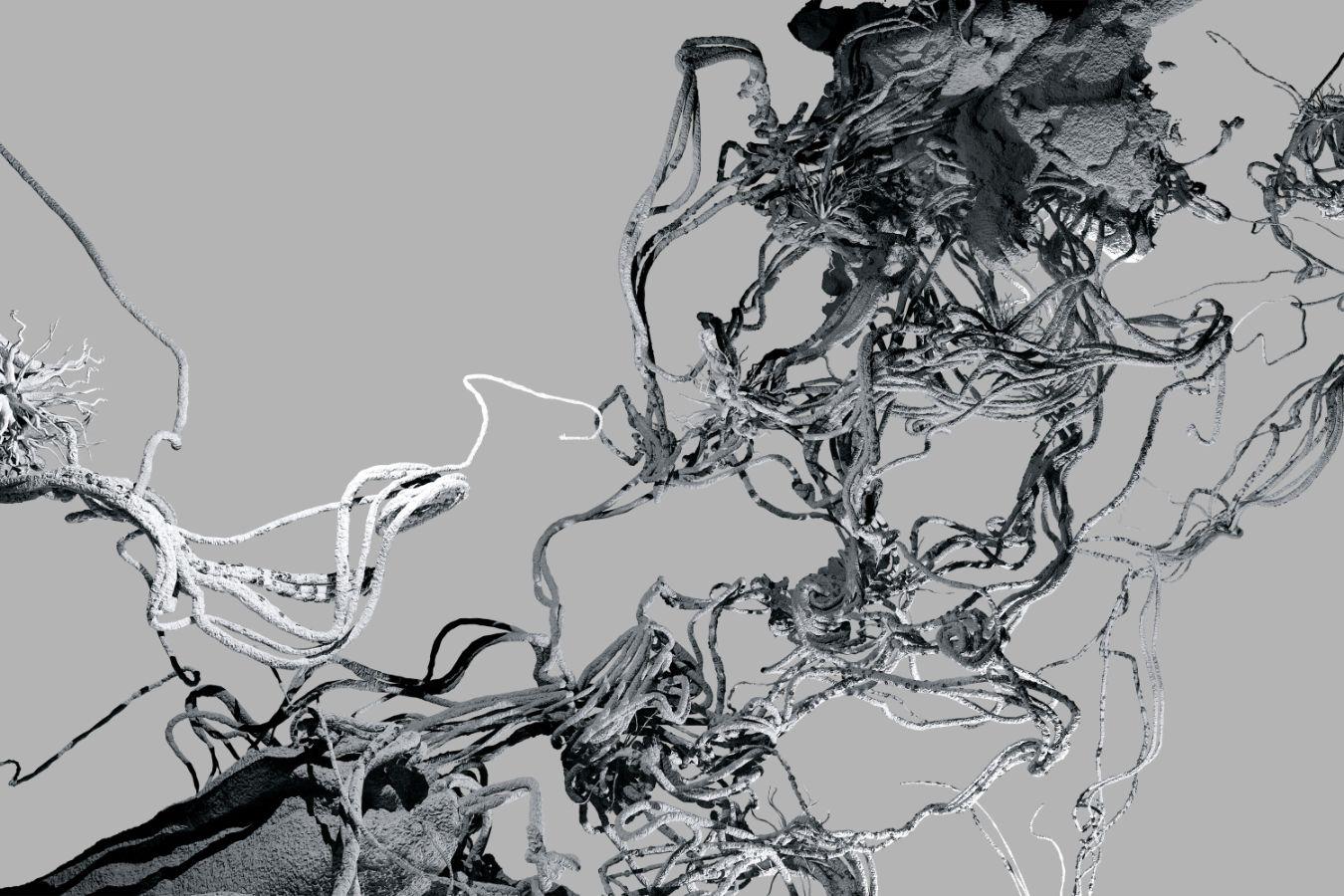 Clusters of threads move across the image area, emerging from lump-like formations.