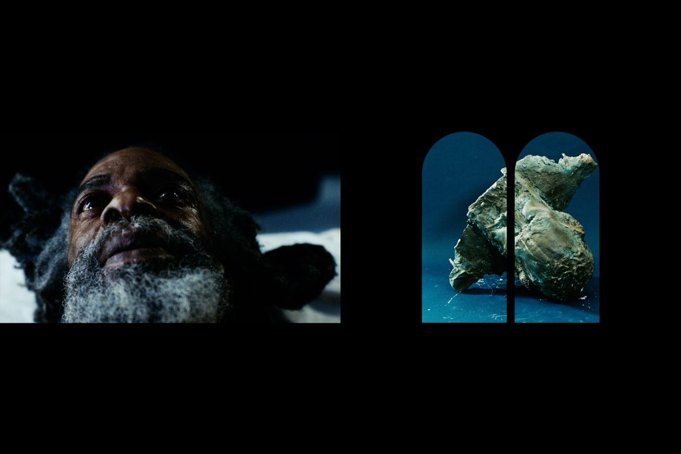 The illustration shows a diptych: On the left is the face of a black man with a thick grey beard, taken from the frog's perspective. On the right is a green gemstone on a blue background, which we view through two round arches.