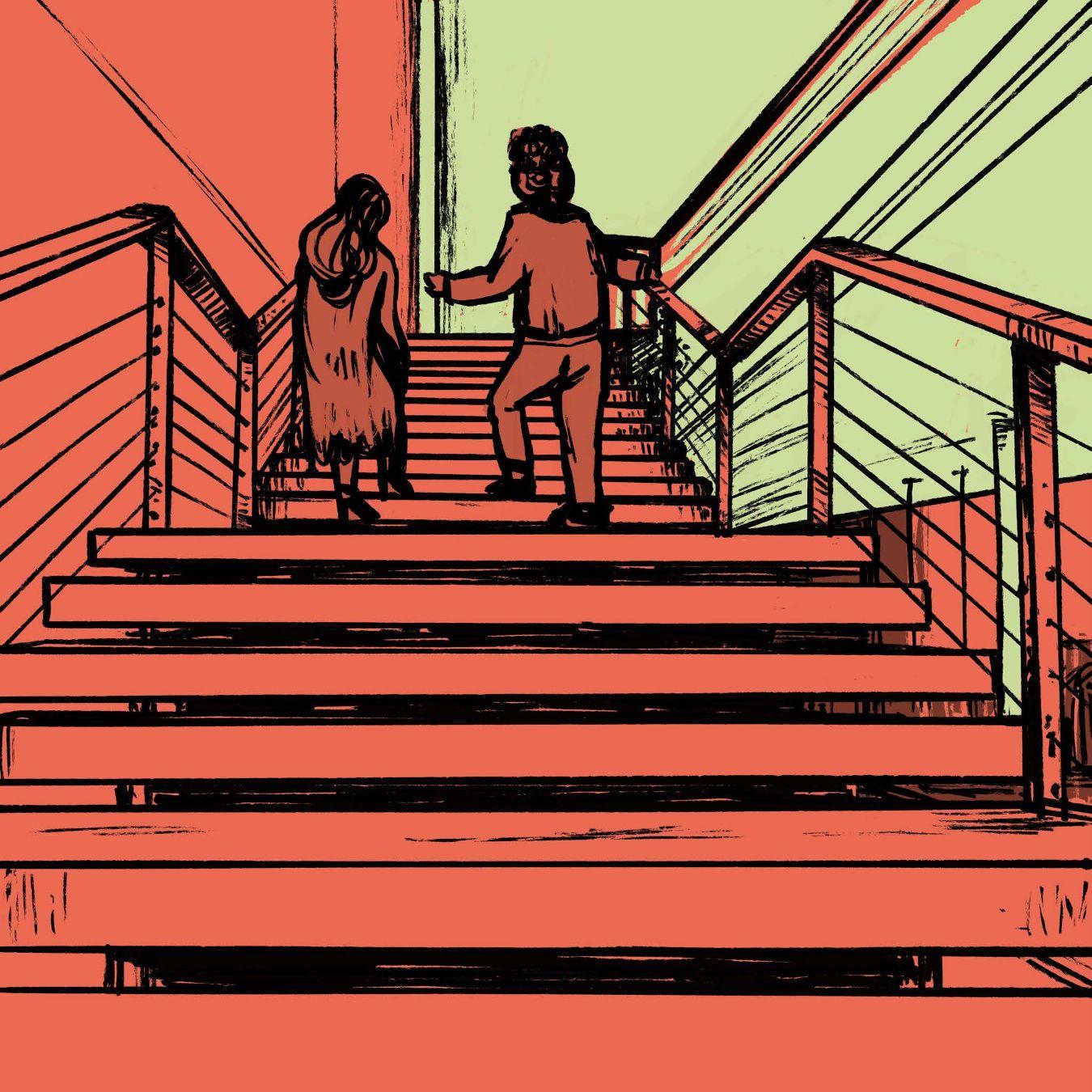 In an illustration in orange and green, two people are walking up the stairs to the upper foyer of the Haus der Berliner Festspiele