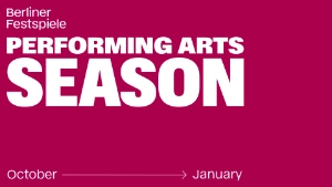 Performing Arts Season word mark on a wine-red background