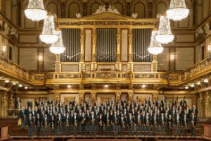 The members of an orchestra stand on the podium in an old concert hall.