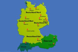 A map of Germany, Austria and Switzerland with red place markers