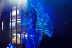 The performer Miriam Parker stands on stage wearing a fan-like costume. She holds both arms crossed over her head and is spotlit by blue lights.