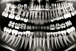 Frontal X-ray of a human dentition.