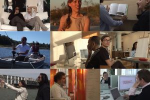 A collage of nine film stills from the film ‘Chew the Fat’ by Rirkrit Tiravanija, in which many people can be seen in different situations.