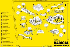 A drawn plan of a site with buildings on a yellow background.