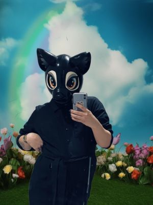 A person with an animal-like mask stands in front of a sky-blue background with a rainbow and a meadow of flowers, holding up their mobile phone.