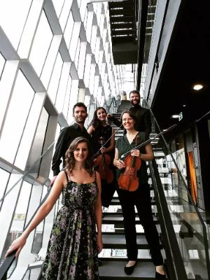 The five members of the Ensemble Promena stand on a staircase.