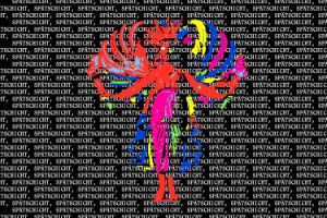 A colourful angel figure holding two torches on a black backdrop printed entirely with the word ‘Spätschicht’ in small white letters.