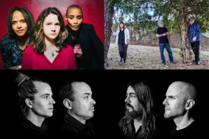 Portrait collage of Kris Davis and two band members, Goran Kajfeš Tropiques and Trio Tapestry