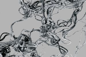 Über die Bildfläche bewegen sich Fadenknäuel, die aus klumpenartigen Gebilden hervorgehen.