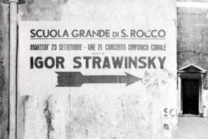 Poster announcing the premiere of Igor Stravinsky's “Threni” on 23 September 1958 at the Scuola di San Rocco in Venice