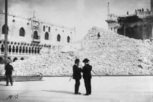 Ruin of the Campanile in St Mark’s Square in Venice after the collapse in 1902