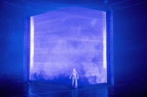 A person is illuminated by two walls of spotlights, fog behind them