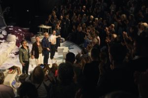 The artistic team of “The Silence” takes a bow at the Schaubühne Berlin to a standing ovation from the audience.